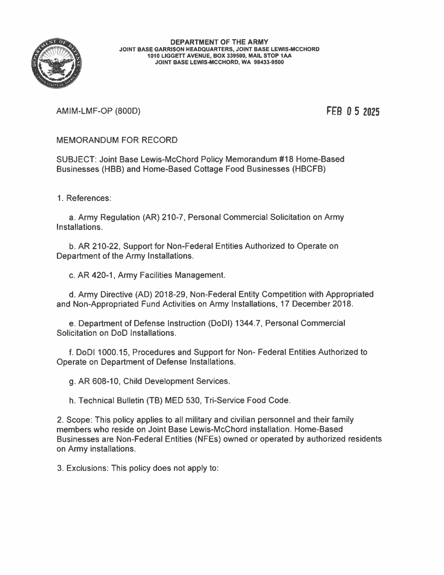 JBLM HBB Policy Letter