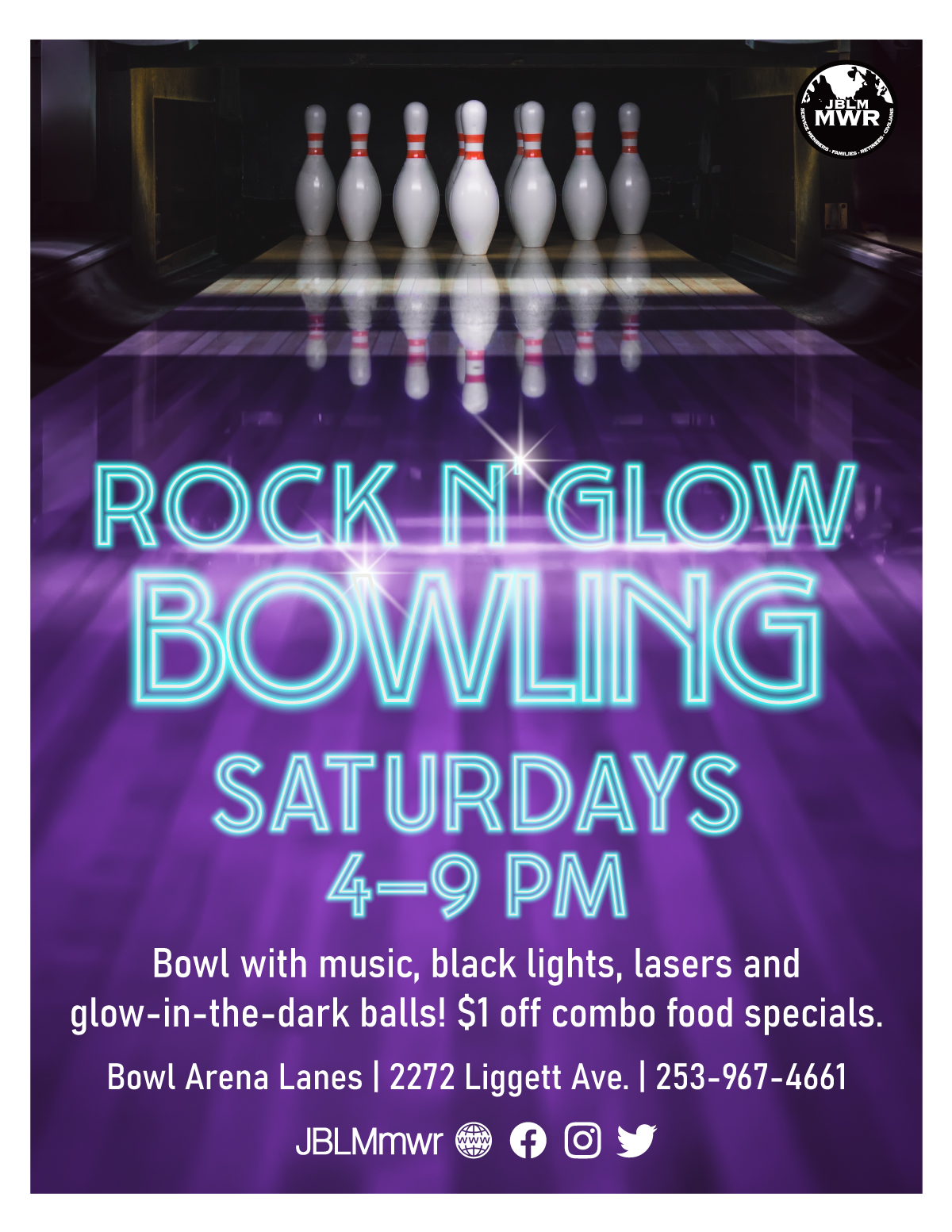 Join us Saturdays from 4 to 9 p.m. for Rock N' Glow Bowling! $1 off combos at the snack bar.